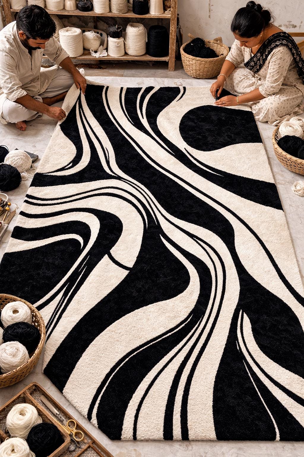Black White Abstract Wool Rug | Hand Tufted Modern Area Rug | Luxury Designer Carpet | Contemporary Living Room Rug | Minimalist Bedroom Rug