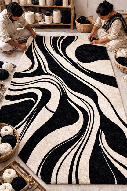 Black White Abstract Wool Rug | Hand Tufted Modern Area Rug | Luxury Designer Carpet | Contemporary Living Room Rug | Minimalist Bedroom Rug