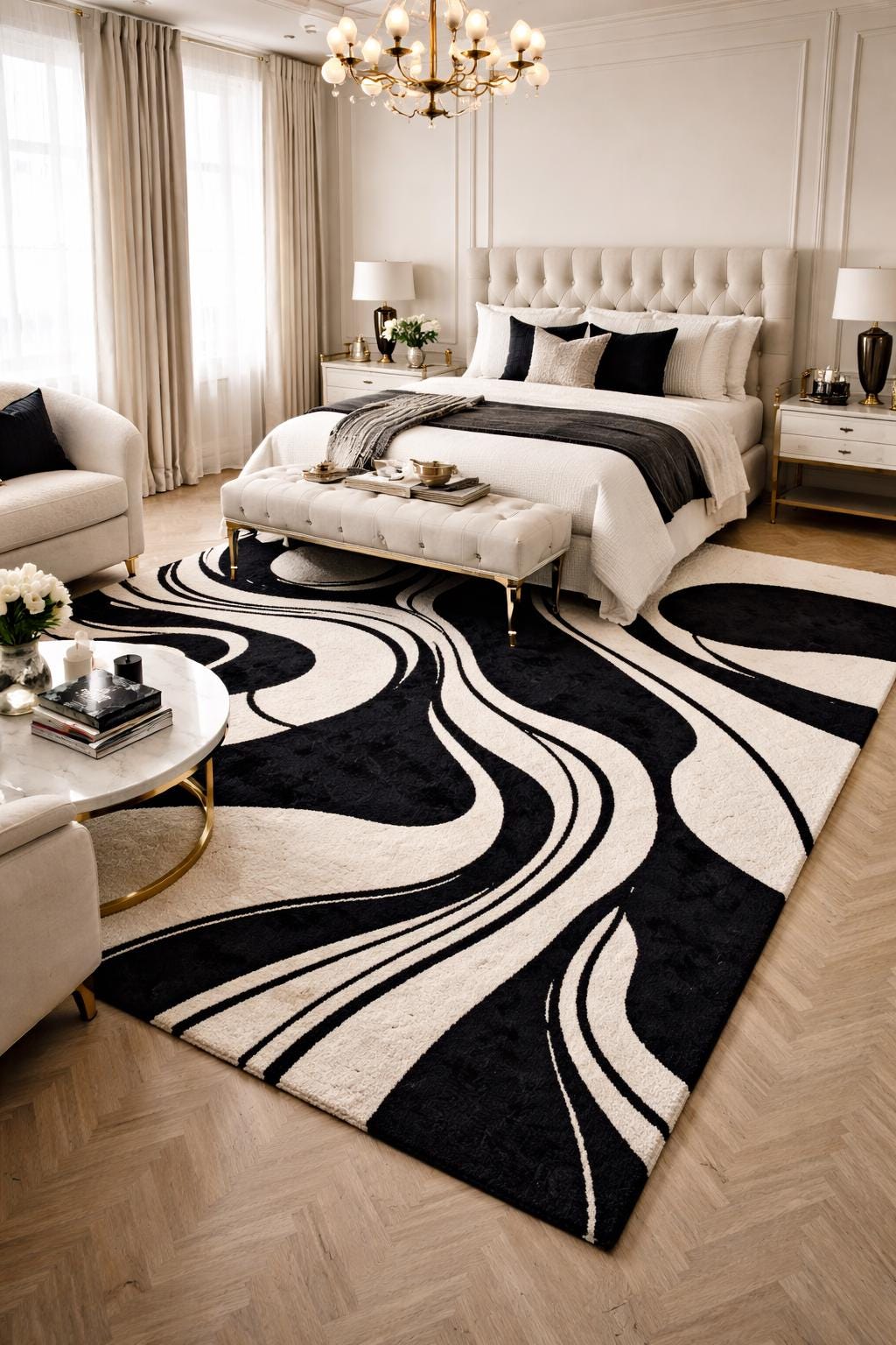 Black White Abstract Wool Rug | Hand Tufted Modern Area Rug | Luxury Designer Carpet | Contemporary Living Room Rug | Minimalist Bedroom Rug