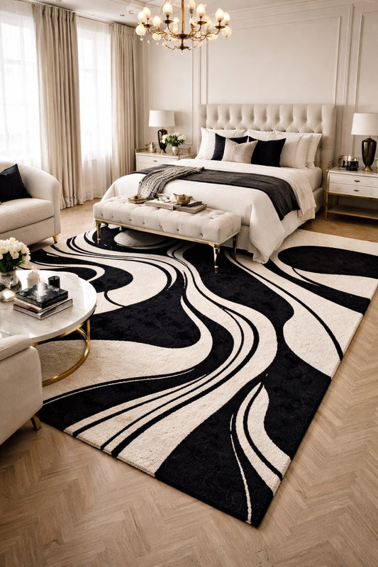 Black White Abstract Wool Rug | Hand Tufted Modern Area Rug | Luxury Designer Carpet | Contemporary Living Room Rug | Minimalist Bedroom Rug