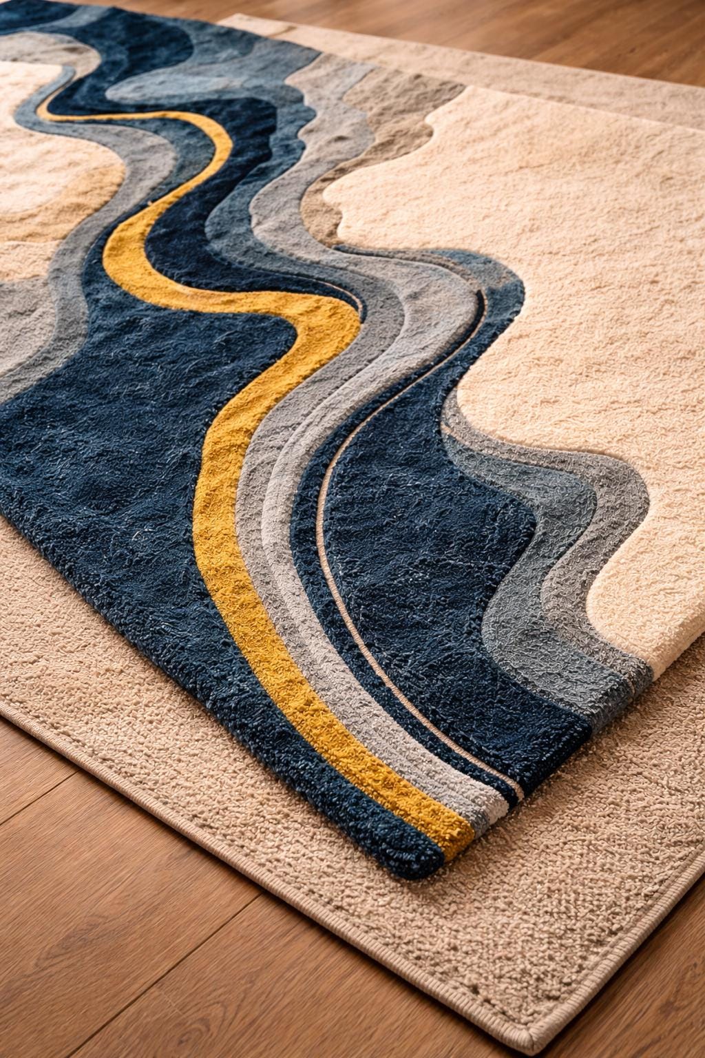 Luxury Abstract Wool Rug | Modern Hand Tufted Area Rug | Cream Blue Gold River Design Carpet | Contemporary Living Room rug | Bedroom Rug