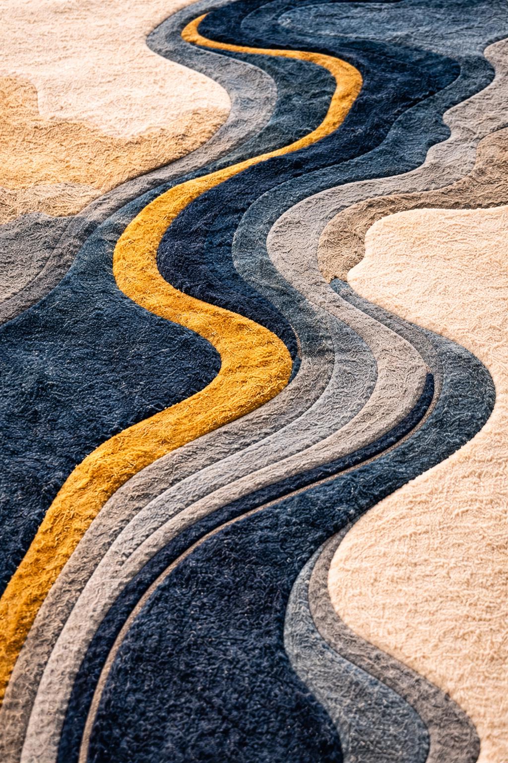 Luxury Abstract Wool Rug | Modern Hand Tufted Area Rug | Cream Blue Gold River Design Carpet | Contemporary Living Room rug | Bedroom Rug