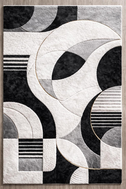 Luxury Black and White Abstract Rug | Modern Minimalist Area Rug | High Pile Plush Contemporary Carpet | Designer Living Room Statement Rug