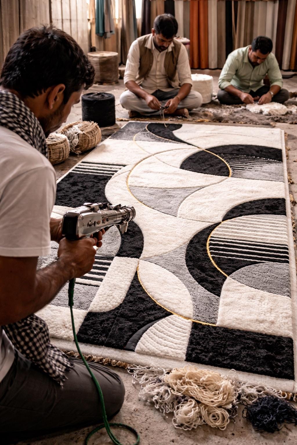 Luxury Black and White Abstract Rug | Modern Minimalist Area Rug | High Pile Plush Contemporary Carpet | Designer Living Room Statement Rug