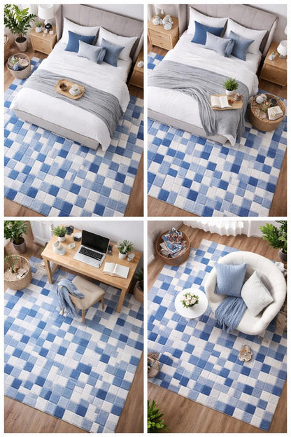 Blue Checkered Area Rug | Modern Checkerboard Bedroom Rug | Soft Plush Shag Carpet | Scandinavian Farmhouse Decor | Large Living Room Rug