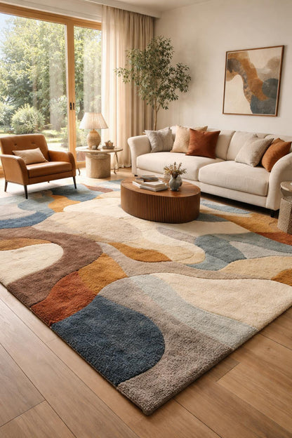 Hand Tufted Abstract Wool Rug | Modern Earth Tone Area Rug | Luxury Living Room Carpet | Scandinavian Style Rug | Custom Size Rug US UK