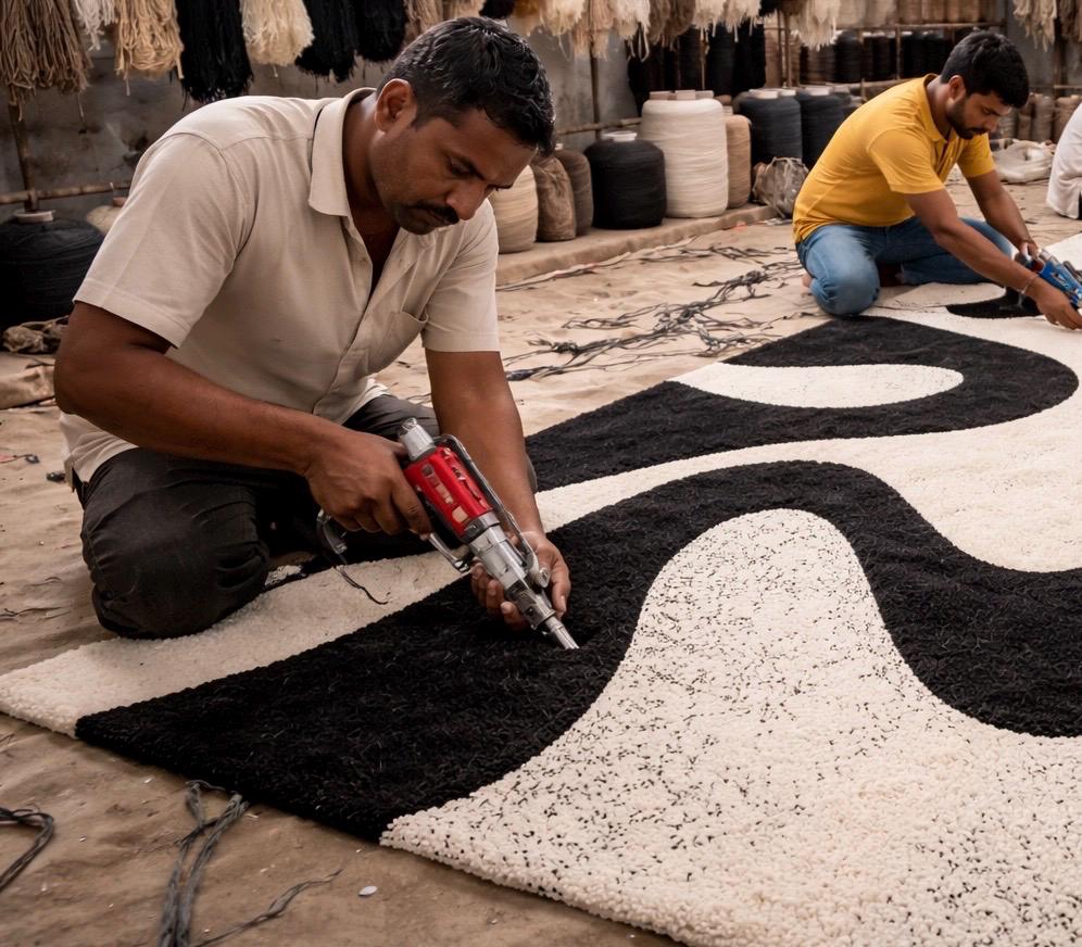 Black and White Abstract Wool Rug | Hand Tufted Modern Area Rug | Luxury Scandinavian Minimalist Carpet | Contemporary Bedroom Rug