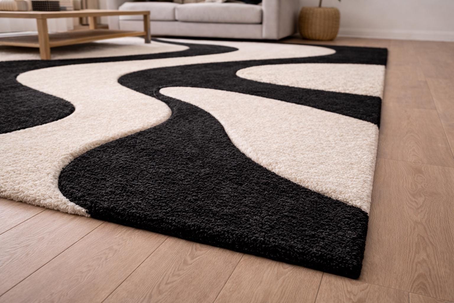 Black and White Abstract Wool Rug | Hand Tufted Modern Area Rug | Luxury Scandinavian Minimalist Carpet | Contemporary Bedroom Rug
