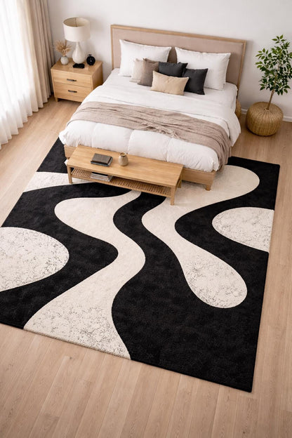 Black and White Abstract Wool Rug | Hand Tufted Modern Area Rug | Luxury Scandinavian Minimalist Carpet | Contemporary Bedroom Rug
