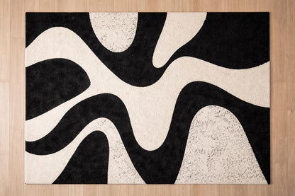 Black and White Abstract Wool Rug | Hand Tufted Modern Area Rug | Luxury Scandinavian Minimalist Carpet | Contemporary Bedroom Rug
