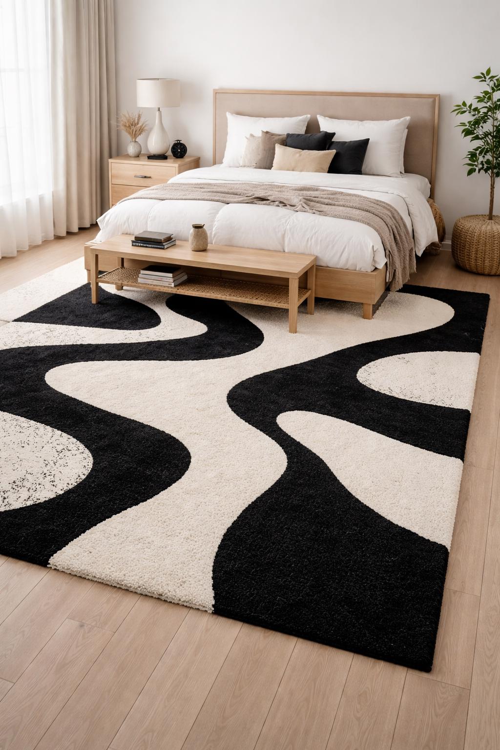 Black and White Abstract Wool Rug | Hand Tufted Modern Area Rug | Luxury Scandinavian Minimalist Carpet | Contemporary Bedroom Rug