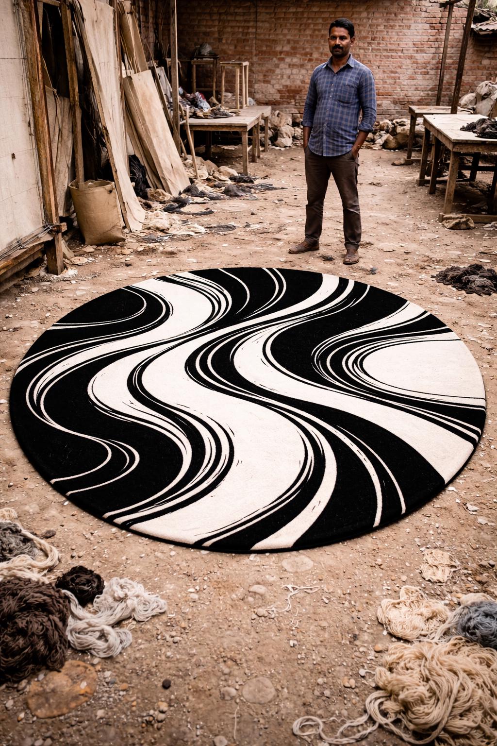 Black White Abstract Rug | Hand Tufted Wool Rug | Modern Luxury Area Rug | Contemporary Round Carpet | Living Room Bedroom Decor