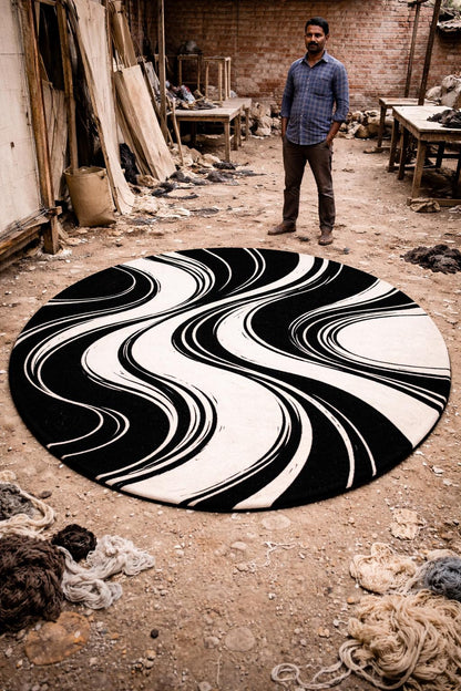 Black White Abstract Rug | Hand Tufted Wool Rug | Modern Luxury Area Rug | Contemporary Round Carpet | Living Room Bedroom Decor
