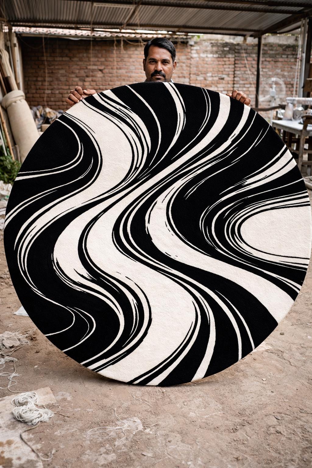 Black White Abstract Rug | Hand Tufted Wool Rug | Modern Luxury Area Rug | Contemporary Round Carpet | Living Room Bedroom Decor