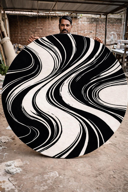 Black White Abstract Rug | Hand Tufted Wool Rug | Modern Luxury Area Rug | Contemporary Round Carpet | Living Room Bedroom Decor
