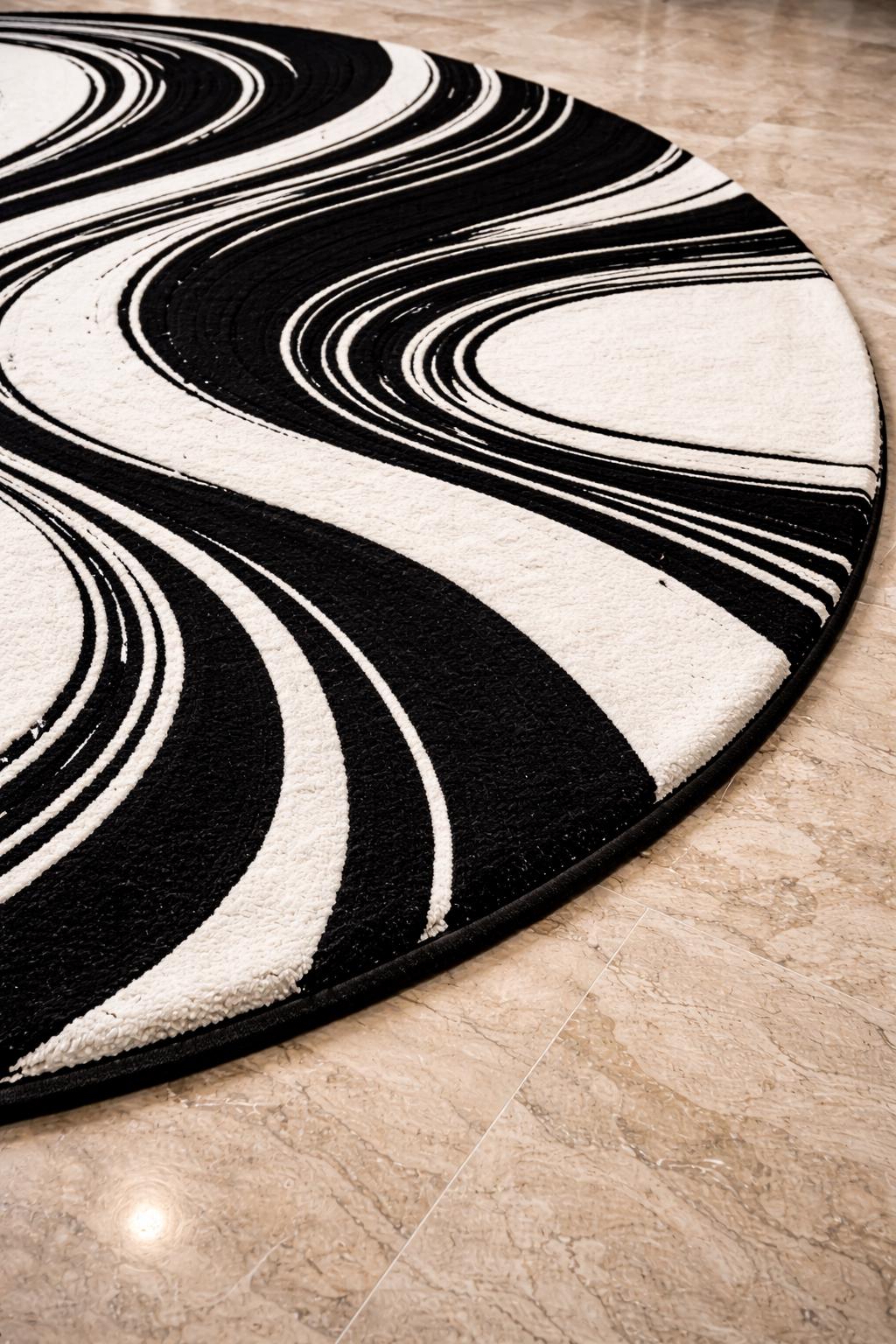 Black White Abstract Rug | Hand Tufted Wool Rug | Modern Luxury Area Rug | Contemporary Round Carpet | Living Room Bedroom Decor