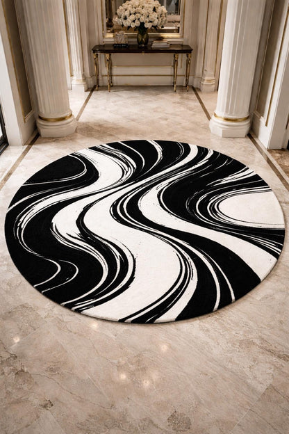 Black White Abstract Rug | Hand Tufted Wool Rug | Modern Luxury Area Rug | Contemporary Round Carpet | Living Room Bedroom Decor