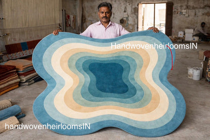 Hand Tufted Wool Rug | Abstract Blue Area Rug | Luxury Modern Irregular Rug | Teal Contemporary Designer Rug | Unique Handmade Rug