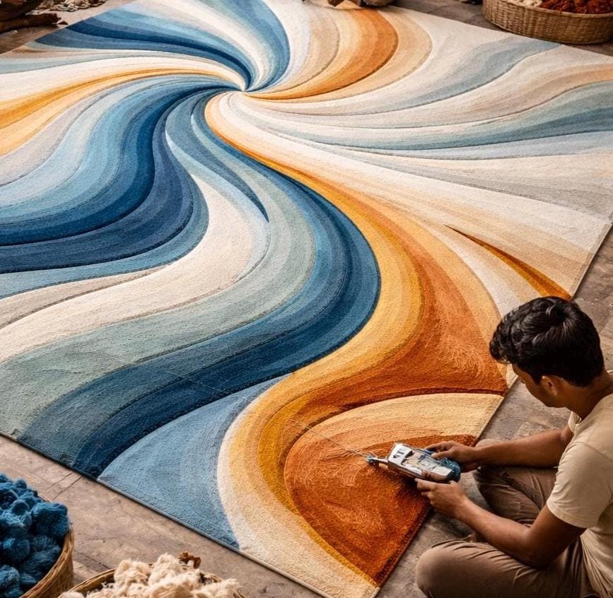 Hand Tufted Wool Rug | Abstract Swirl Wave Rug | Modern Area Rug | Handmade Wool Carpet | Contemporary Living Room Rug |Large Bedroom Rug