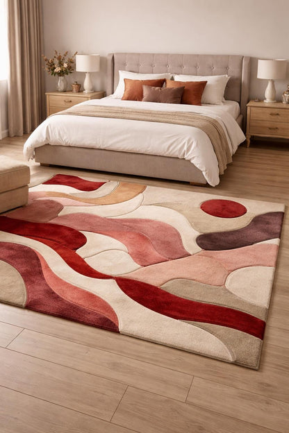 Hand Tufted Wool Rug | Beige & Red Abstract Cut Pile Rug | Modern Bedroom Area Rug | Contemporary Living Room Carpet | Custom Size Available