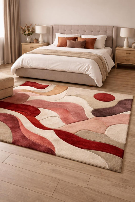 Hand Tufted Wool Rug | Beige & Red Abstract Cut Pile Rug | Modern Bedroom Area Rug | Contemporary Living Room Carpet | Custom Size Available