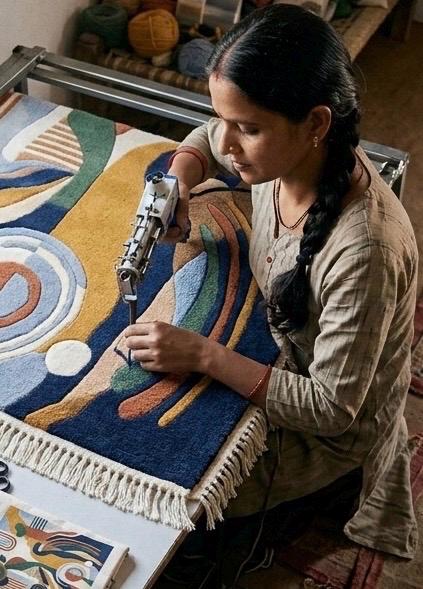 Modern Mid-Century Tufted Wool Rug with Geometric Abstract Shapes | Vibrant Colors (Blue, Terracotta, Ochre)  and Fringe | hand tufted rug