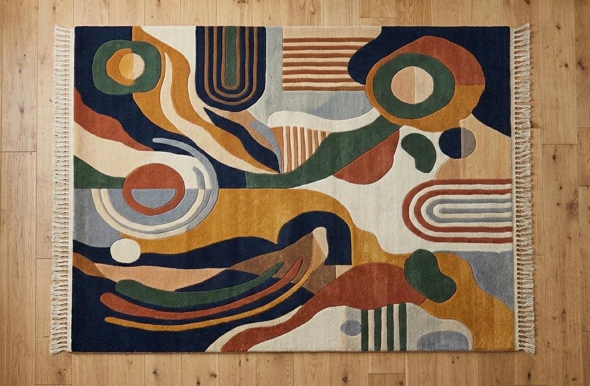Modern Mid-Century Tufted Wool Rug with Geometric Abstract Shapes | Vibrant Colors (Blue, Terracotta, Ochre)  and Fringe | hand tufted rug