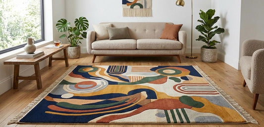 Modern Mid-Century Tufted Wool Rug with Geometric Abstract Shapes | Vibrant Colors (Blue, Terracotta, Ochre)  and Fringe | hand tufted rug