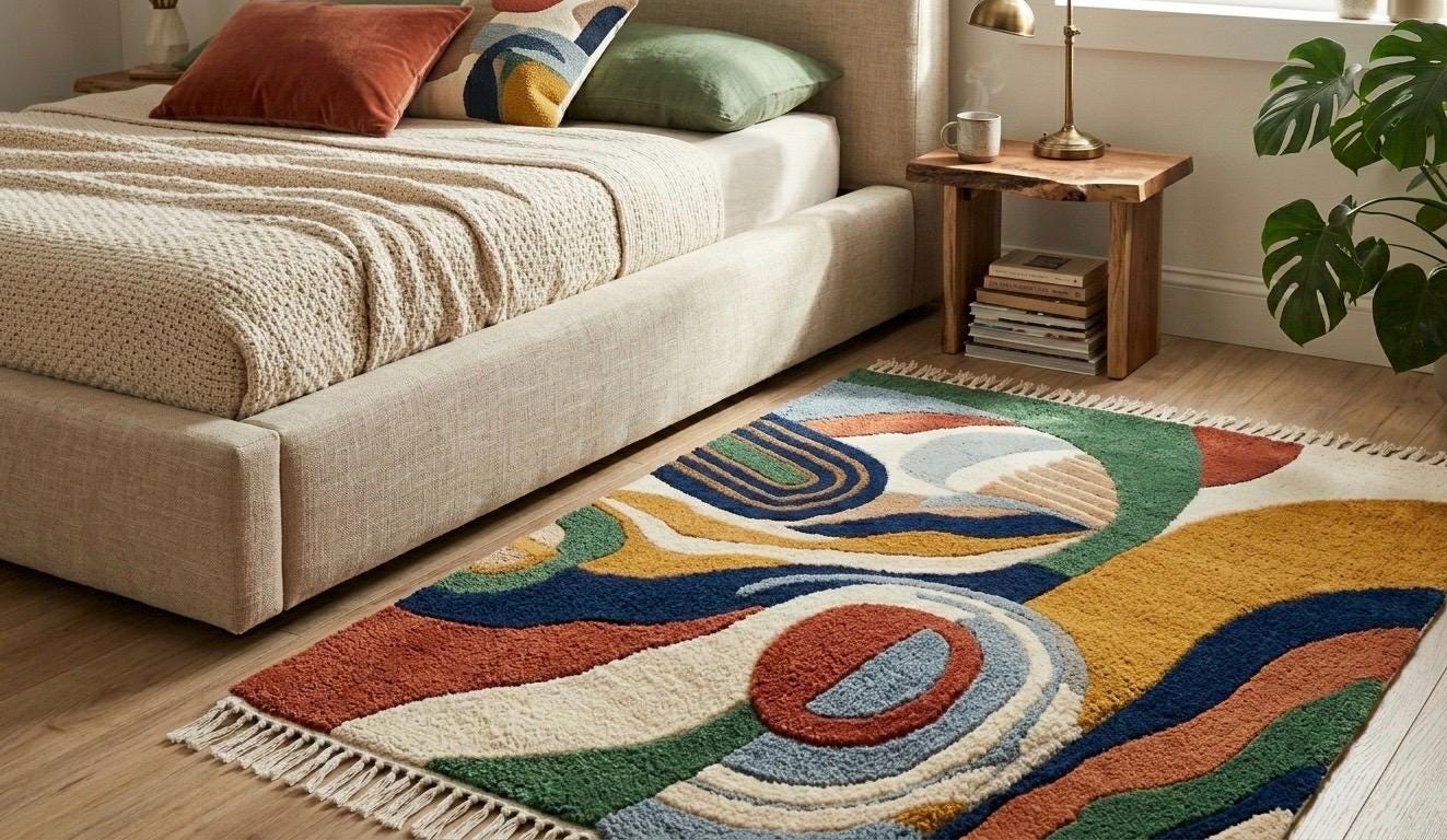 Modern Mid-Century Tufted Wool Rug with Geometric Abstract Shapes | Vibrant Colors (Blue, Terracotta, Ochre)  and Fringe | hand tufted rug