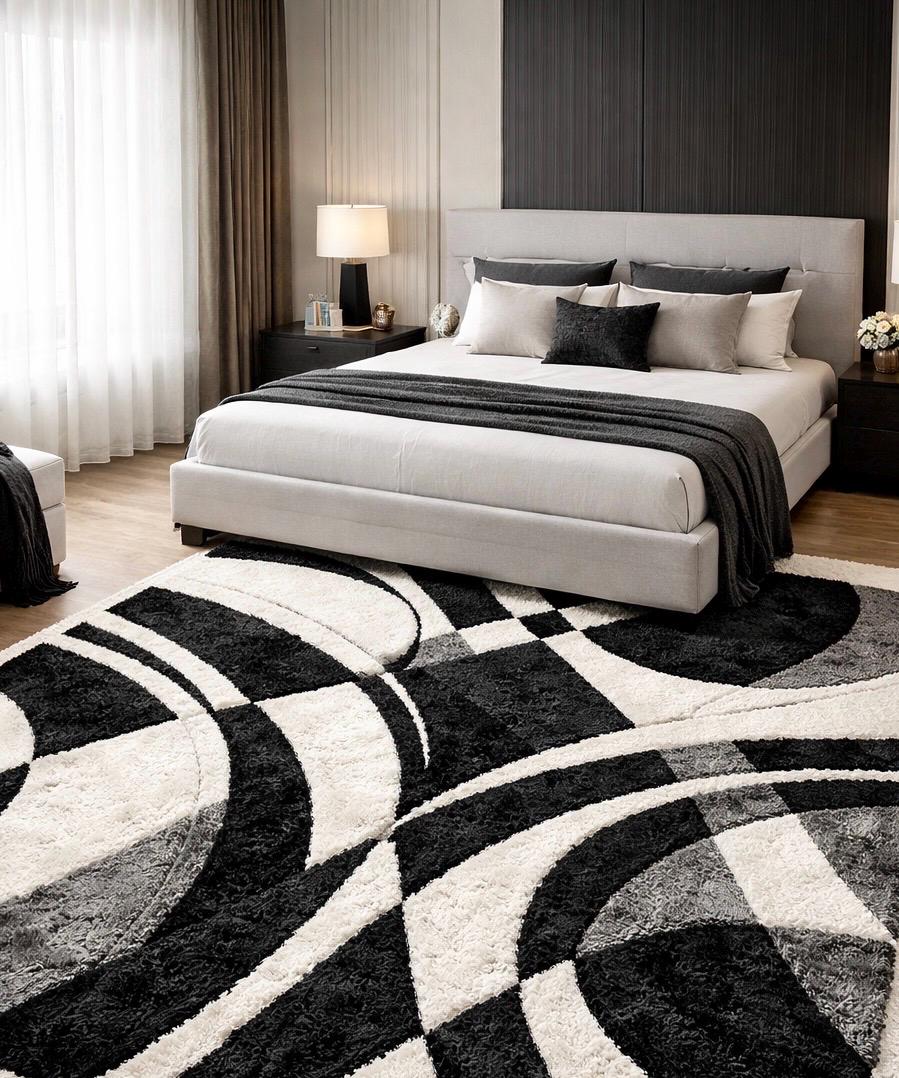 Luxury Black White Abstract Rug | Modern Hand Tufted Wool Area Rug | Luxury Geometric Shag Carpet | Contemporary Living Room Bedroom Rug |