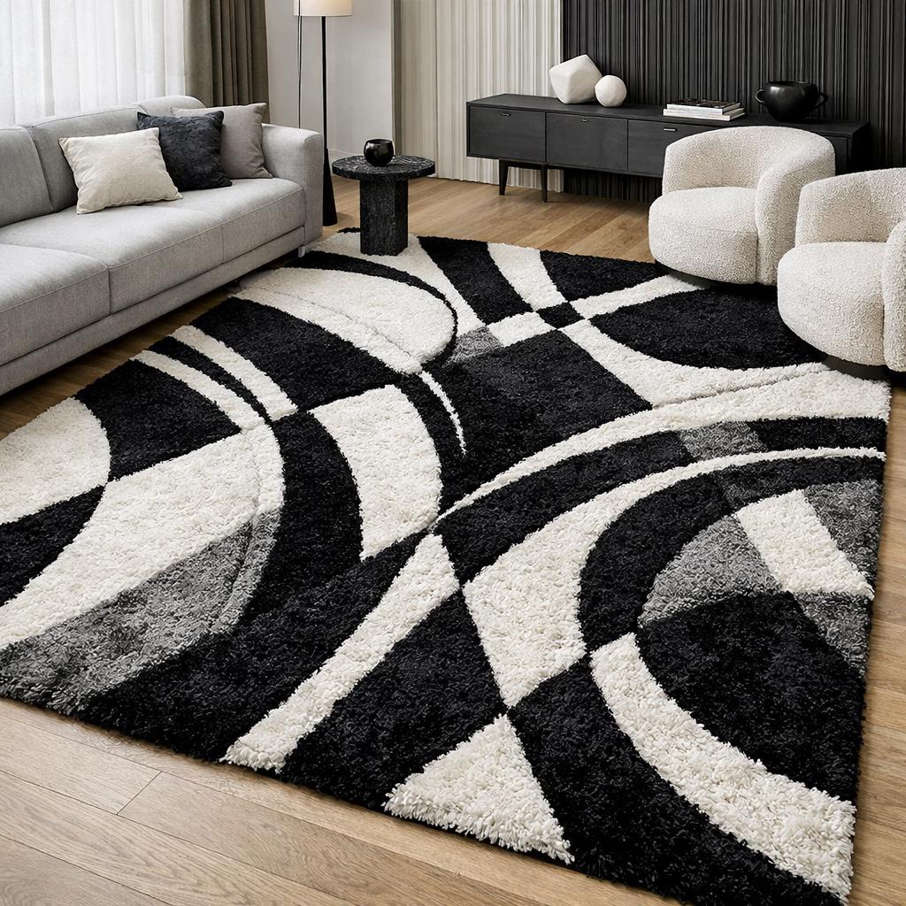 Luxury Black White Abstract Rug | Modern Hand Tufted Wool Area Rug | Luxury Geometric Shag Carpet | Contemporary Living Room Bedroom Rug |