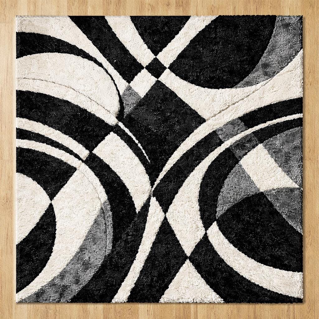 Luxury Black White Abstract Rug | Modern Hand Tufted Wool Area Rug | Luxury Geometric Shag Carpet | Contemporary Living Room Bedroom Rug |
