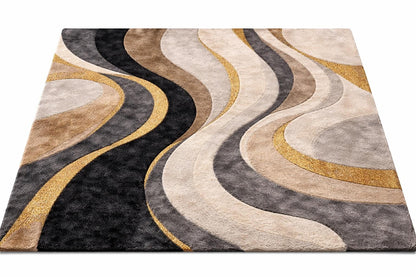 Luxury Abstract Hand Tufted Wool Rug | Modern Black Gold Cream Area Rug | Designer Bedroom Rug | Contemporary Handmade Carpet, 6x9 8x10 9x12