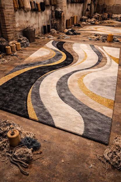 Luxury Abstract Hand Tufted Wool Rug | Modern Black Gold Cream Area Rug | Designer Bedroom Rug | Contemporary Handmade Carpet, 6x9 8x10 9x12