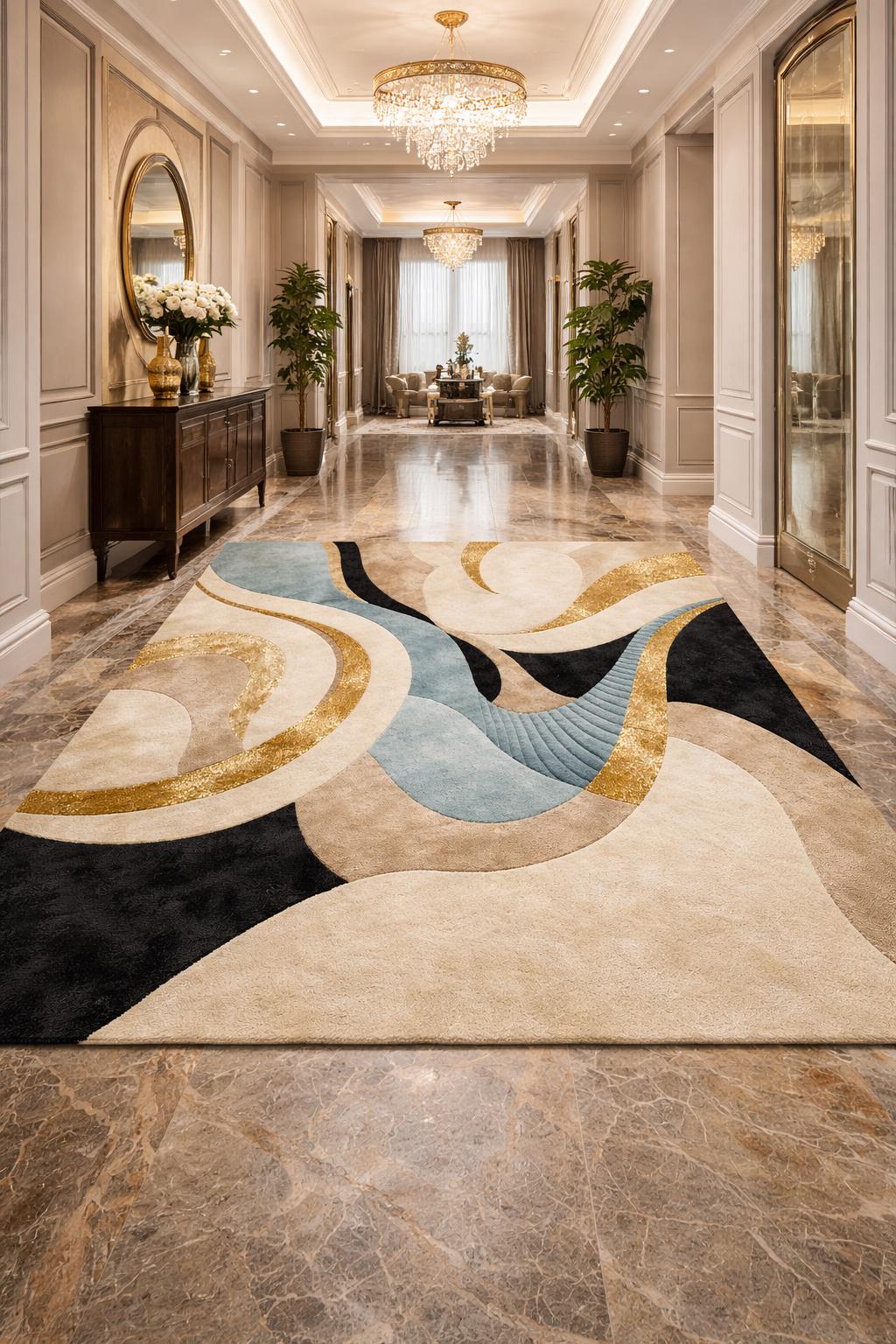 Luxury Abstract Hand Tufted Wool Rug |Modern Beige Gold Blue Area Rug| Contemporary Handmade Carpet | Designer Living Room Rug | 9x12 8x10