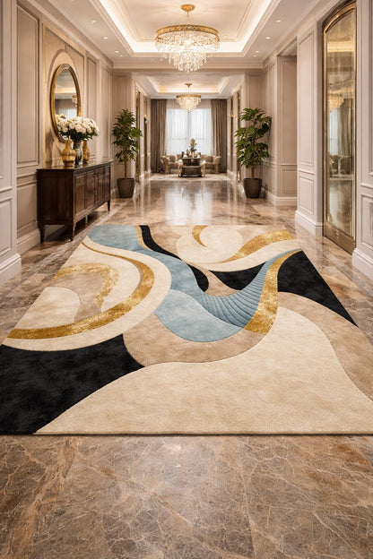 Luxury Abstract Hand Tufted Wool Rug |Modern Beige Gold Blue Area Rug| Contemporary Handmade Carpet | Designer Living Room Rug | 9x12 8x10