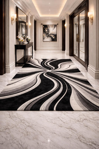 Luxury Black White Abstract Rug | Modern Hand Tufted Wool Area Rug | Luxury Geometric Shag Carpet | Contemporary Living Room Bedroom Rug