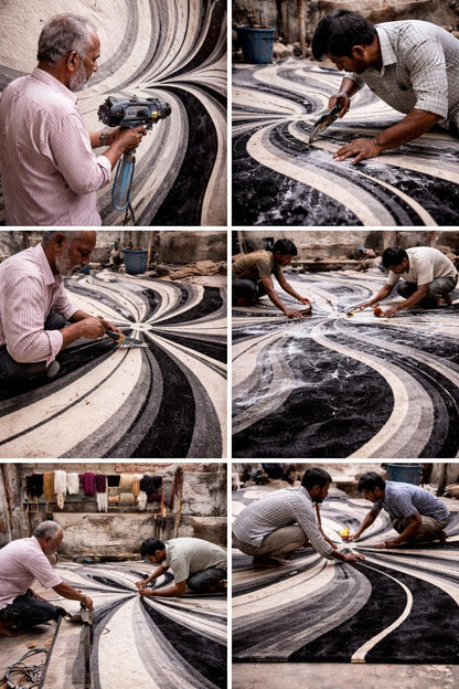 Luxury Black White Abstract Rug | Modern Hand Tufted Wool Area Rug | Luxury Geometric Shag Carpet | Contemporary Living Room Bedroom Rug