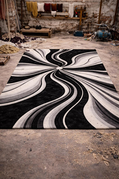 Luxury Black White Abstract Rug | Modern Hand Tufted Wool Area Rug | Luxury Geometric Shag Carpet | Contemporary Living Room Bedroom Rug