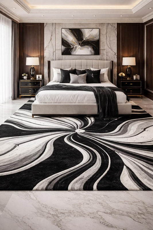 Luxury Black White Abstract Rug | Modern Hand Tufted Wool Area Rug | Luxury Geometric Shag Carpet | Contemporary Living Room Bedroom Rug
