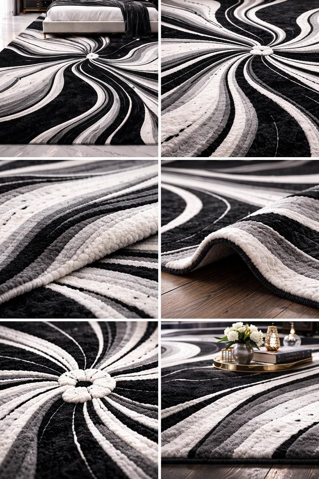 Luxury Black White Abstract Rug | Modern Hand Tufted Wool Area Rug | Luxury Geometric Shag Carpet | Contemporary Living Room Bedroom Rug