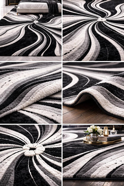 Luxury Black White Abstract Rug | Modern Hand Tufted Wool Area Rug | Luxury Geometric Shag Carpet | Contemporary Living Room Bedroom Rug