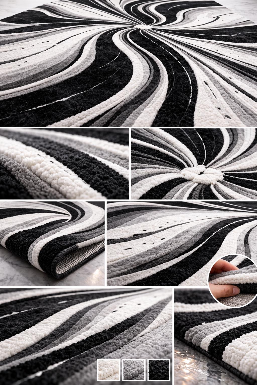 Luxury Black White Abstract Rug | Modern Hand Tufted Wool Area Rug | Luxury Geometric Shag Carpet | Contemporary Living Room Bedroom Rug