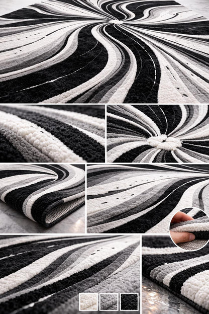 Luxury Black White Abstract Rug | Modern Hand Tufted Wool Area Rug | Luxury Geometric Shag Carpet | Contemporary Living Room Bedroom Rug