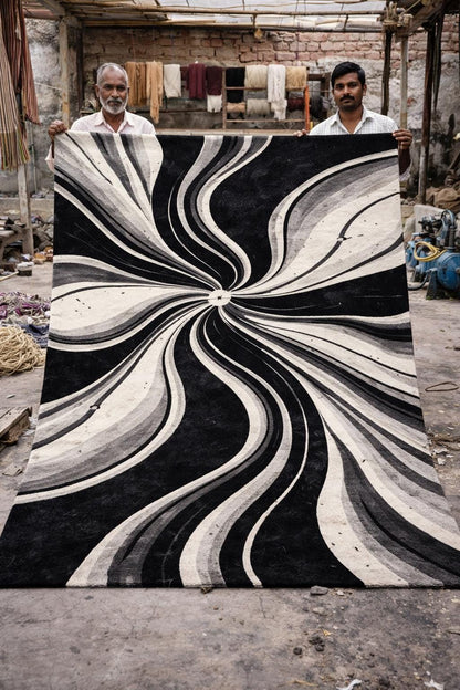 Luxury Black White Abstract Rug | Modern Hand Tufted Wool Area Rug | Luxury Geometric Shag Carpet | Contemporary Living Room Bedroom Rug
