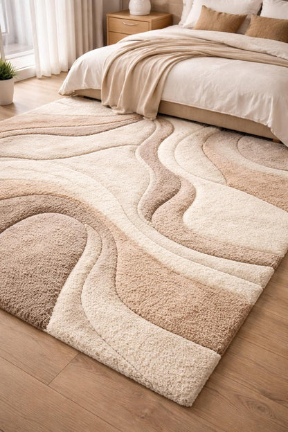 Luxury Hand Tufted Wool Rug | High Pile Abstract Rug | Neutral Beige Cream Area Rug | Modern Bedroom Carpet | Plush 3D Carved Wool Rug