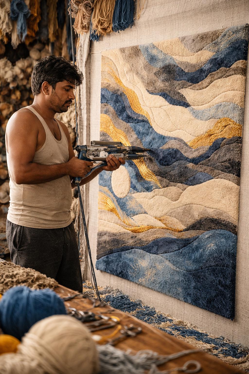 Luxury Hand Tufted Wool Rug | Abstract Ocean Waves with Golden Accents | Modern High Pile Area Rug for Bedroom & Living Room | Premium rug