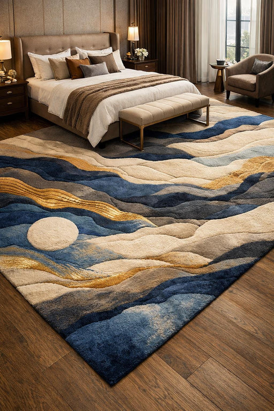 Luxury Hand Tufted Wool Rug | Abstract Ocean Waves with Golden Accents | Modern High Pile Area Rug for Bedroom & Living Room | Premium rug
