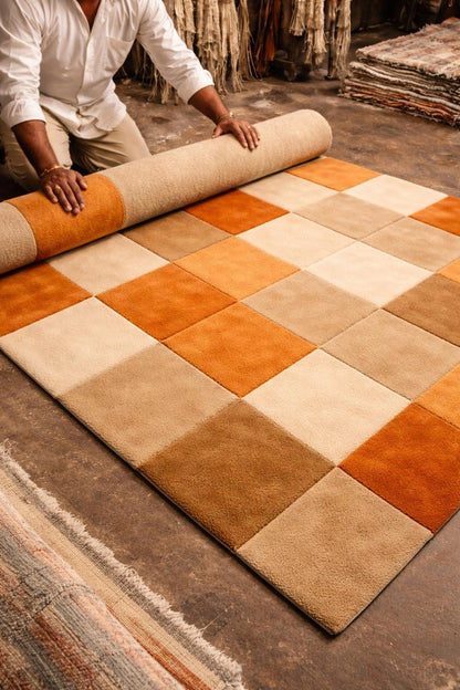 Luxury Hand Tufted Wool Rug | Orange Beige Checkered Rug | Modern Square Block Area Rug | Abstract Geometric Carpet | Handmade Designer Rug