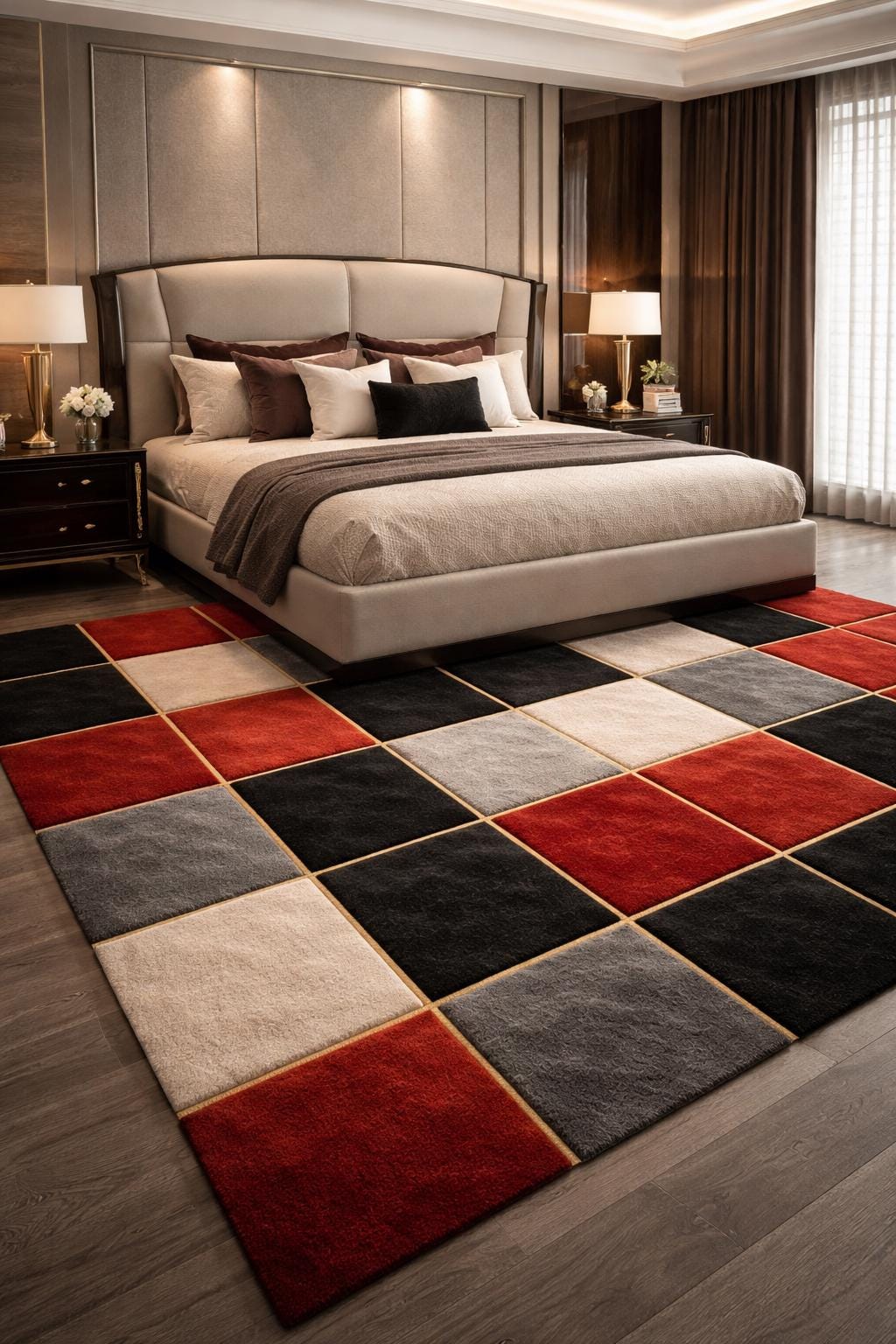 Luxury Hand Tufted Wool Rug | Modern Checkered Abstract Area Rug | Red Black Grey Beige Carpet | Designer Living Room Rug |  Custom Size rug